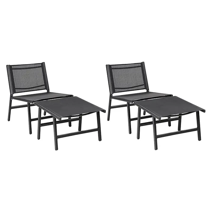 2er-Set Gartenstuhl MARCEDDI in Schwarz -  - Zwei schwarze Outdoor-Stühle mit Netzsitzen und -lehnen, jeweils mit passendem Hocker zum Entspannen.