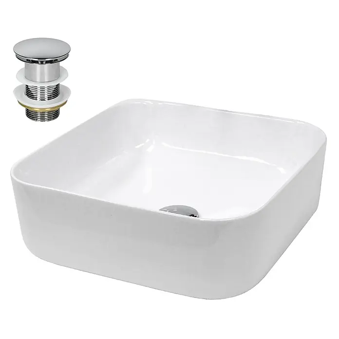 ECD Germany Waschbecken Waschtisch 390x390x140 mm Weiß Ablaufgarnitur -  - Weißes quadratisches Keramik-Aufsatzwaschbecken mit abgerundeten Ecken und Chrom-Pop-up-Ablauf.