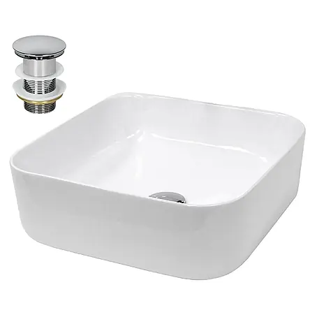ECD Germany Waschbecken Waschtisch 390x390x140 mm Weiß Ablaufgarnitur
