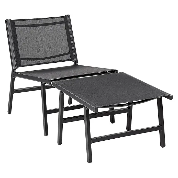 2er-Set Gartenstuhl MARCEDDI in Schwarz -  - Schwarzer Outdoor-Stuhl und passender Hocker aus Mesh-Gewebe mit schwarzem Metallrahmen.