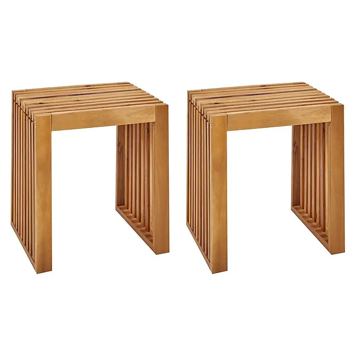 Beliani Gartenstuhl-Set BELLANO - 2 Stk., Akazienholz, Braun, B x T x H: 45 x 35 x 43 cm - Zwei hellbraune Holzbankhocker mit Lattenrost, als Sitzgelegenheit oder Beistelltisch nutzbar.