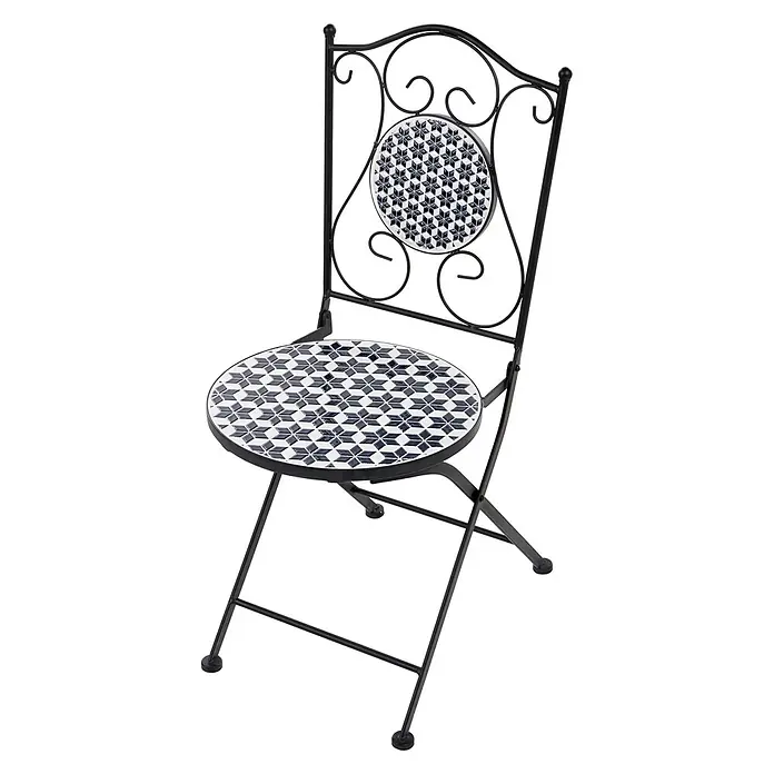 2er-Set Gartenstuhl SIROLO in Weiß/Blau/Schwarz -  - Schwarzer Klappstuhl aus Schmiedeeisen mit blau-weißem geometrischem Fliesenmosaik auf Sitz und Rückenlehne.