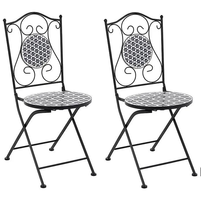 2er-Set Gartenstuhl SIROLO in Weiß/Blau/Schwarz -  - Zwei klappbare Gartenstühle aus schwarzem Metall mit blau-weißem Mosaikmuster auf Sitz und Rückenlehne.