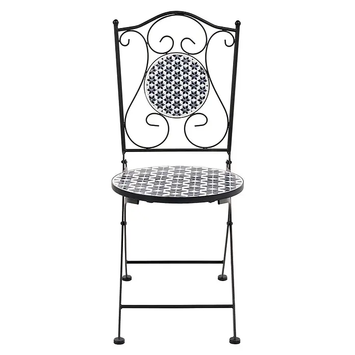 2er-Set Gartenstuhl SIROLO in Weiß/Blau/Schwarz -  - Schwarzer Metall-Klappstuhl mit schmiedeeiserner Rückenlehne und blau-weißen geometrischen Mosaikmustern auf Sitz und Rückenlehne.