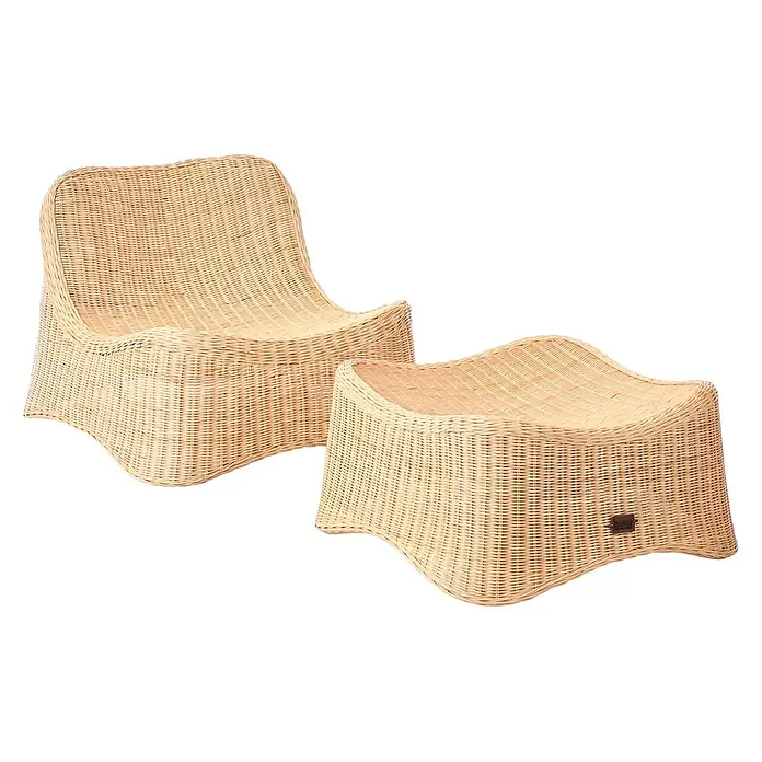 2-tlg Gartenstuhl AIGANI in Naturfarben/Beige -  - Natürlicher Korbsessel und passender Hocker.
