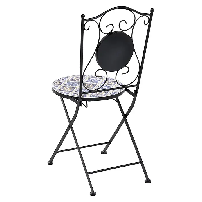 2er-Set Gartenstuhl SIPONTO in Weiß/Blau/Schwarz -  - Klappstuhl aus schwarzem Metall mit rundem Sitz aus blau-goldenem Mosaik und dekorativer Rückenlehne.