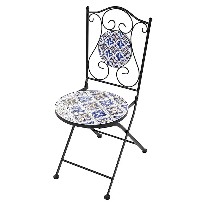 2er-Set Gartenstuhl SIPONTO in Weiß/Blau/Schwarz -  - Schwarzer Metall-Klappstuhl mit blau, weiß und gold gemustertem Keramikfliesen-Sitz und Rückenlehne.