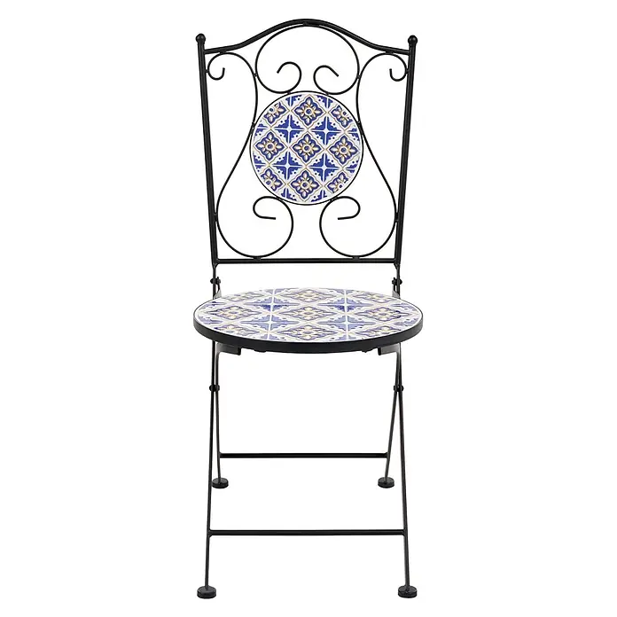 2er-Set Gartenstuhl SIPONTO in Weiß/Blau/Schwarz -  - Schwarzer Metall-Gartenstuhl mit blau-weißem Mosaikfliesen-Sitz und Rückenlehne.
