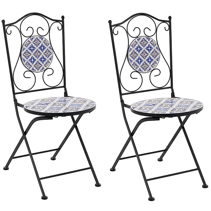 2er-Set Gartenstuhl SIPONTO in Weiß/Blau/Schwarz -  - Zwei schwarze Metall-Klappstühle mit blauen und gelben Mosaikfliesen auf Sitzfläche und Rückenlehne.