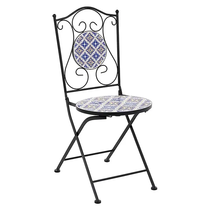 2er-Set Gartenstuhl SIPONTO in Weiß/Blau/Schwarz -  - Klappstuhl aus schwarzem Metall mit blau-weiß gefliester Sitzfläche und Rückenlehne.