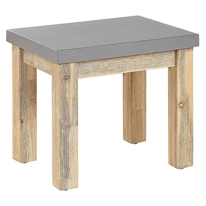 2er-Set Gartenstuhl OSTUNI in Grau/Braun -  - Kleiner Hocker mit grauer Platte und hellen, strukturierten Holzbeinen und -rahmen.