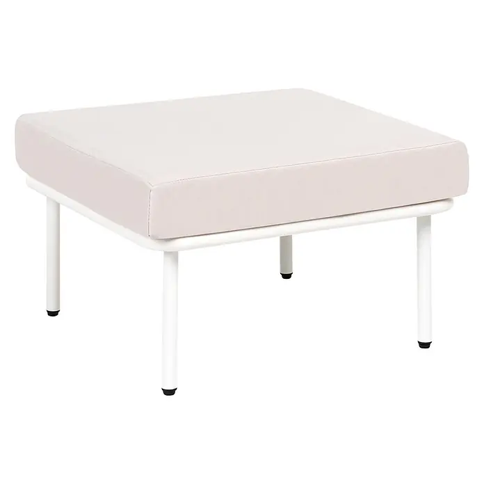 2-tlg Gartenstuhl BAUCINA in Beige/Weiß -  - Quadratischer Hocker mit hellbeigem Stoffpolster und weißem Metallrahmen. Weiße Beine mit schwarzen Kappen.