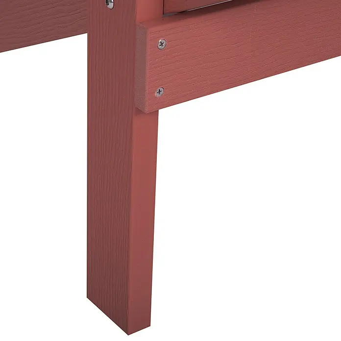 2-tlg Gartenstuhl ADIRONDACK in Rot -  - Nahaufnahme eines strukturierten roten Holzmöbelbeins und einer horizontalen Stütze mit sichtbaren Schrauben.