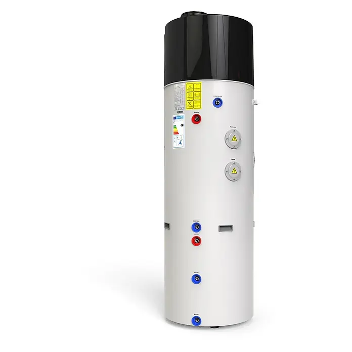 Hofman Warmwasser-Wärmepumpe -  - Weißer Wärmepumpen-Warmwasserspeicher mit schwarzem Oberteil, beschrifteten Anschlüssen für Wasser, Solar und Sensoren, sowie Energieetikett.