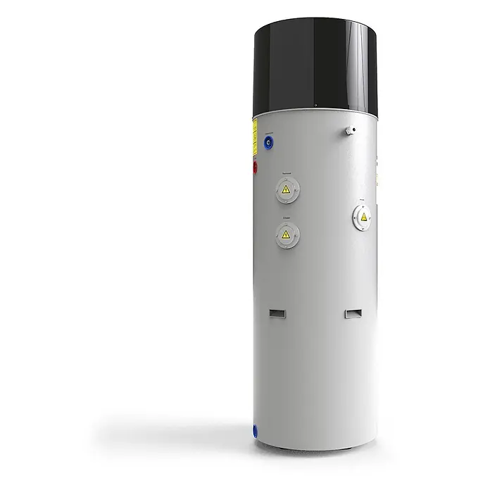 Hofman Warmwasser-Wärmepumpe -  - Ein hoher, hellgrauer zylindrischer Warmwasserspeicher oder eine Wärmepumpe mit schwarzem Deckel. Anschlüsse und Warnschilder sind seitlich sichtbar.
