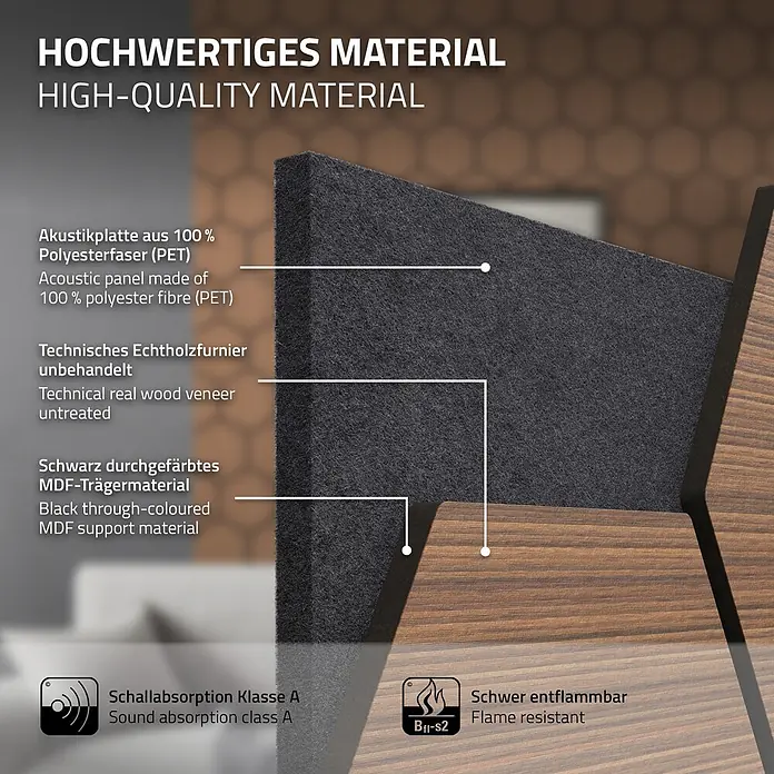 Akustikpaneel Hexagon 2er Set 66x81x2cm für 1m² Teak MDF Holzoptik -  - Hochwertiges Akustikpaneel im Querschnitt: Polyesterfaser, unbehandeltes Echtholzfurnier, schwarzes MDF. Klasse A Schallabsorption und flammhemmend.