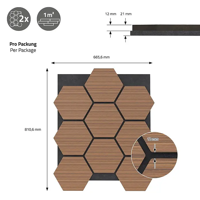 Akustikpaneel Hexagon 2er Set 66x81x2cm für 1m² Teak MDF Holzoptik -  - Sechseckige Akustikpaneele mit Holzoptik auf dunkler Rückseite, Maße und 12mm Fuge. Zwei Paneele decken 1m² ab.