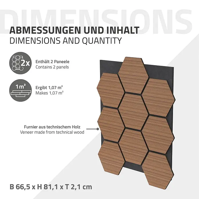 Akustikpaneel Hexagon 2er Set 66x81x2cm für 1m² Teak MDF Holzoptik -  - Hexagonale Wandpaneele aus technischem Holzfurnier, gezeigt mit Maß- und Mengenangaben.