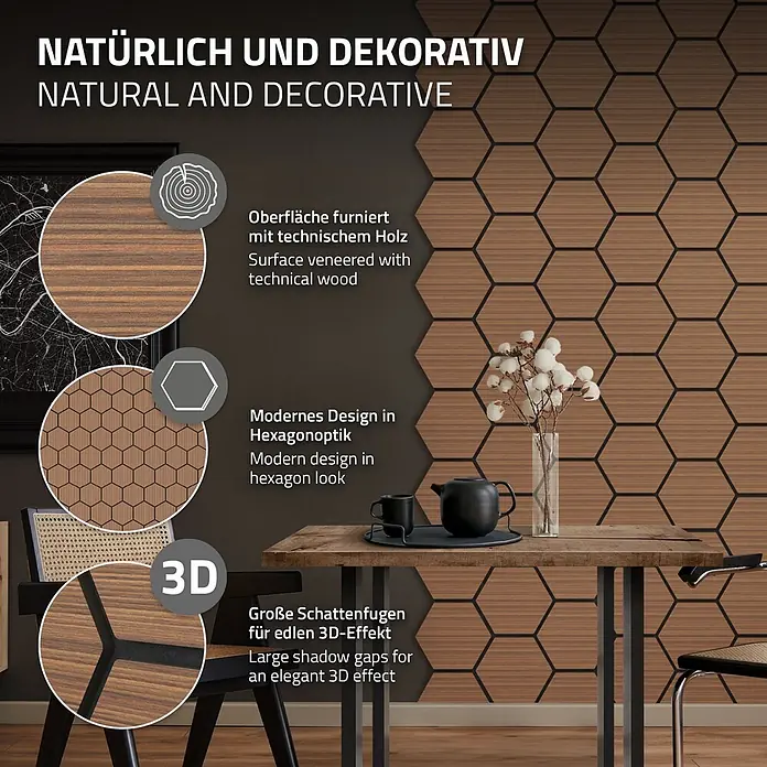 Akustikpaneel Hexagon 2er Set 66x81x2cm für 1m² Teak MDF Holzoptik -  - Braune Holz-Hexagon-Wandpaneele mit 3D-Effekt und Schattenfugen, in einem modernen Interieur gezeigt.