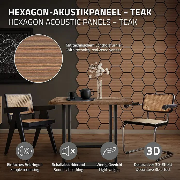 Akustikpaneel Hexagon 2er Set 66x81x2cm für 1m² Teak MDF Holzoptik -  - Sechseckige Akustikpaneele aus Teakholz mit Echtholzfurnier, als dekorative und schallabsorbierende Wandverkleidung in einem Raum.