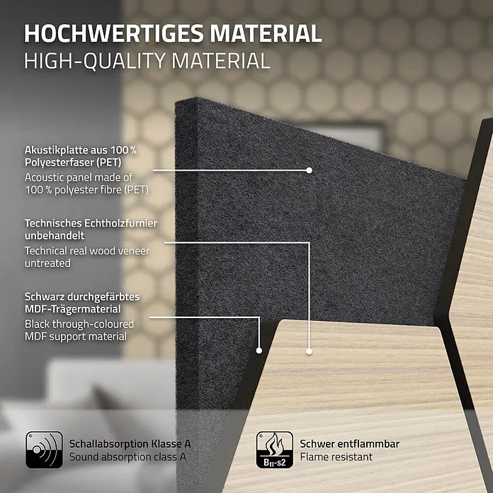 Akustikpaneel Hexagon 2er Set 66x81x2cm für 1m² Eiche MDF Holzoptik -  - Querschnitt einer Akustikplatte mit grauer Polyesterfaser, unbehandeltem Echtholzfurnier und schwarzem MDF. Schallabsorption Klasse A, schwer entflammbar.