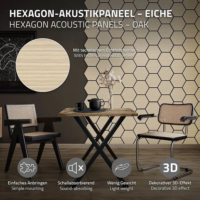 Akustikpaneel Hexagon 2er Set 66x81x2cm für 1m² Eiche MDF Holzoptik -  - Sechseckige Akustikpaneele aus Eichenholz mit Echtholzfurnier, an einer Wand angebracht, mit 3D-Effekt und schallabsorbierender Wirkung.