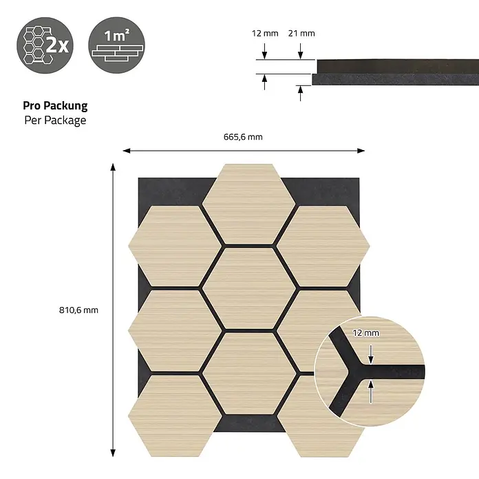 Akustikpaneel Hexagon 2er Set 66x81x2cm für 1m² Eiche MDF Holzoptik -  - Helle Holz-Sechseck-Akustikpaneele auf dunkler Unterlage, mit Maßen. Paket: 2 Stück, 1m².