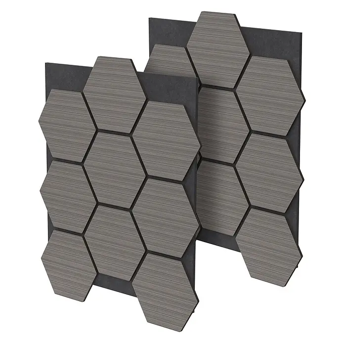 ML-Design Akustikpaneel 2er Set für 1m², Hexagon Wandplatten zur Schalldämmung - Grau, 2 Stk., 1 m² - Dunkelgraue sechseckige Akustikpaneele mit Holzmaserung für Schalldämmung und Wanddekor.