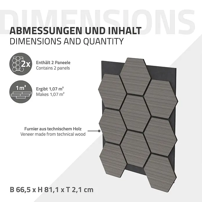 ML-Design Akustikpaneel 2er Set für 1m², Hexagon Wandplatten zur Schalldämmung - Grau, 2 Stk., 1 m² - Dunkelgraue hexagonale Akustikpaneele aus technischem Holzfurnier. Abmessungen 66,5 x 81,1 x 2,1 cm.