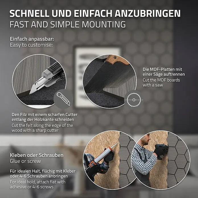 ML-Design Akustikpaneel 2er Set für 1m², Hexagon Wandplatten zur Schalldämmung - Grau, 2 Stk., 1 m² - Anleitungen zeigen Anpassung und einfache Montage sechseckiger Akustikpaneele mit Kleber oder Schrauben.