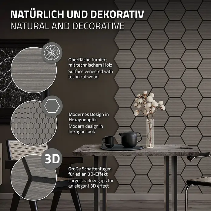 ML-Design Akustikpaneel 2er Set für 1m², Hexagon Wandplatten zur Schalldämmung - Grau, 2 Stk., 1 m² - Wabenförmige Wandpaneele aus furniertem technischem Holz mit 3D-Effekt, die einen modernen Raum schmücken.
