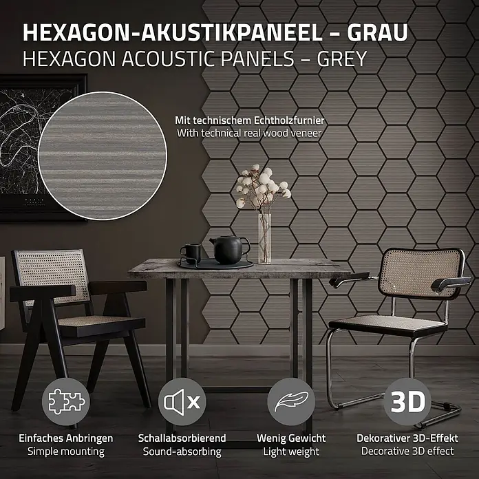 ML-Design Akustikpaneel 2er Set für 1m², Hexagon Wandplatten zur Schalldämmung - Grau, 2 Stk., 1 m² - Graue Hexagon-Akustikpaneele mit Echtholzfurnier an der Wand, mit dekorativem und schallabsorbierendem Effekt.