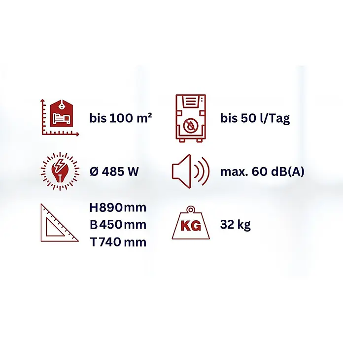 WDH Elektro-Luftentfeuchter Bautrockner WDH-50B - für 100m² - 50 Liter/Tag - mit Stromverbrauchszähler - Entfeuchtungsleistung: 50 l/Tag, Grau - Technische Spezifikationen: Flächenabdeckung, Entfeuchtung, Leistung, Geräuschpegel, Abmessungen (H890xB450xT740mm) und Gewicht 32kg.