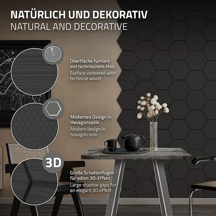 Akustikpaneel Hexagon 2er Set 66x81x2cm für 1m² Schwarz MDF Holzoptik -  - Dunkle sechseckige Wandpaneele mit Holzmaserung, die einen modernen 3D-Dekorationseffekt in einem Wohnraum erzeugen.