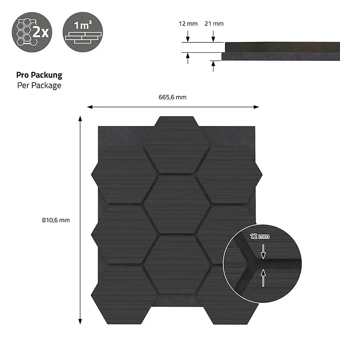 Akustikpaneel Hexagon 2er Set 66x81x2cm für 1m² Schwarz MDF Holzoptik -  - Dunkelgraue sechseckige Akustikplatten auf Trägerplatte, 665,6 x 810,6 mm, 12-21 mm dick. Packung: 2 Stück, 1 m².