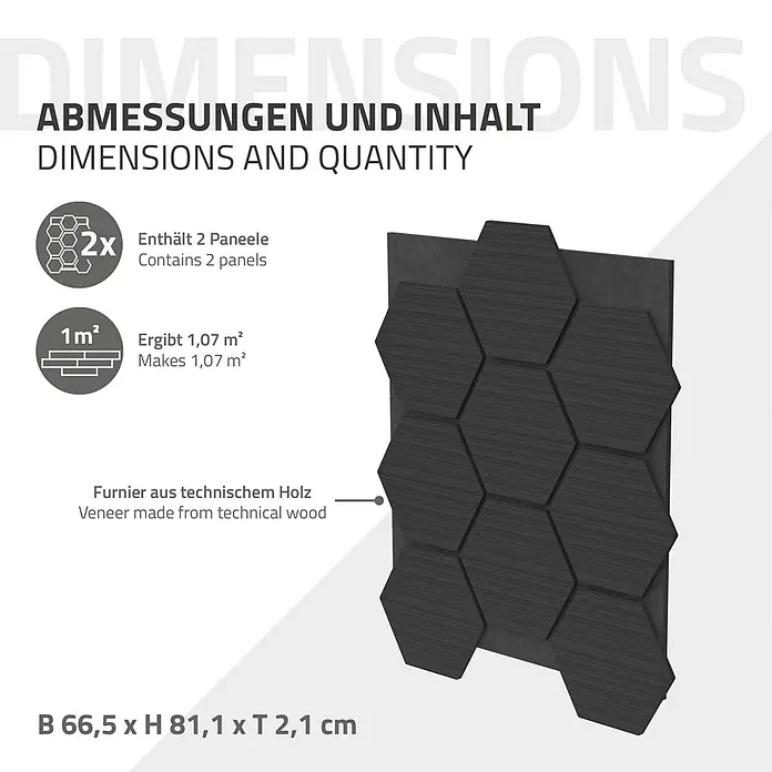 Akustikpaneel Hexagon 2er Set 66x81x2cm für 1m² Schwarz MDF Holzoptik -  - Set aus zwei dunkelgrauen, hexagonalen Holzfurnierpaneelen, je 66,5x81,1x2,1 cm. Bietet 1,07 m² Fläche.