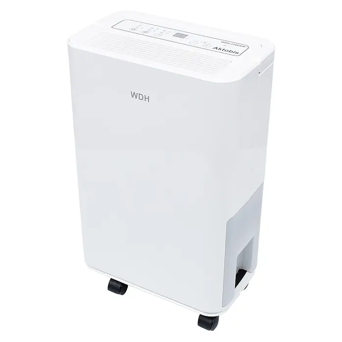 WDH Elektro-Luftentfeuchter WDH-310EKW - für 25m² - 12 Liter/Tag - App-gesteuert - 265 W, Entfeuchtungsleistung: 12 l/Tag, Weiß - Weißer WDH Aktobis Luftentfeuchter auf Rollen mit Bedienfeld oben.
