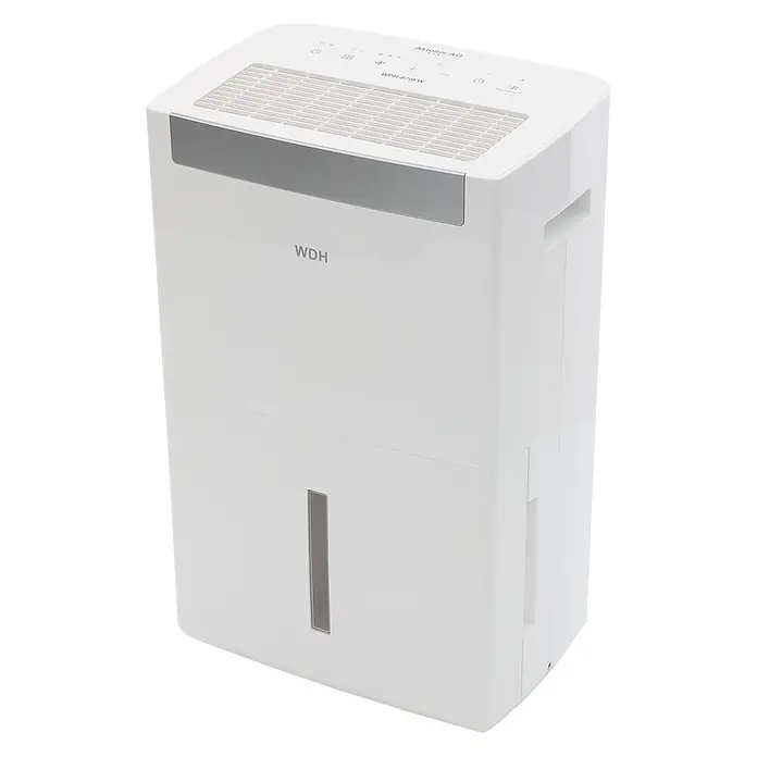 WDH Elektro-Luftentfeuchter Bautrockner WDH-870FW - für 120m² - 70 Liter/Tag - Smart-Home-fähig - 930 W, Entfeuchtungsleistung: 70 l/Tag, Weiß - Weißer WDH Luftentfeuchter mit Bedienfeld oben und Wasserstandsanzeige vorne.