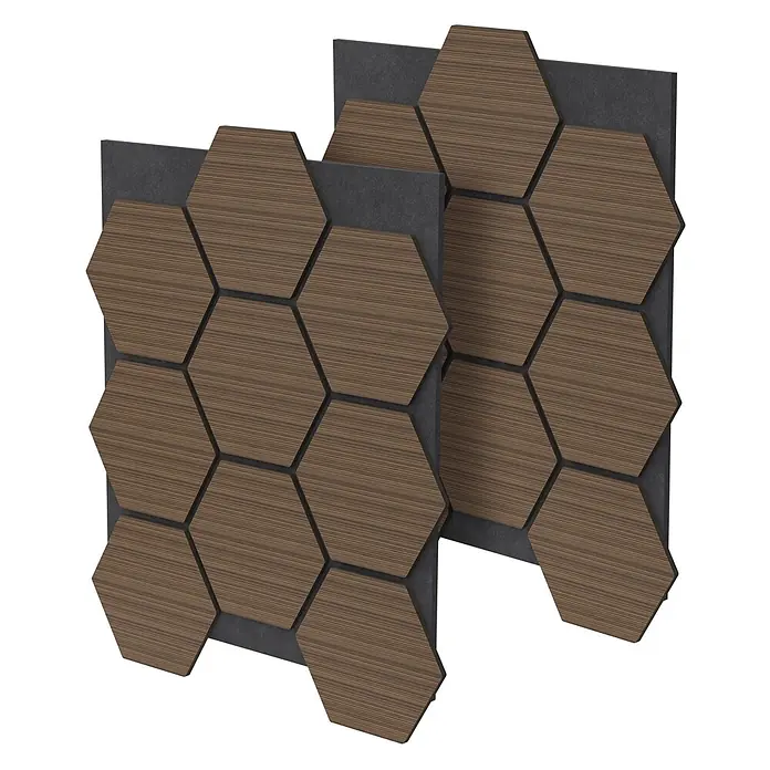 Akustikpaneel Hexagon 2er Set 66x81x2cm für 1m² Braun MDF Holzoptik -  - Zwei dunkelgraue Akustikpaneele mit braunen, holzgemaserten sechseckigen schallabsorbierenden Fliesen.