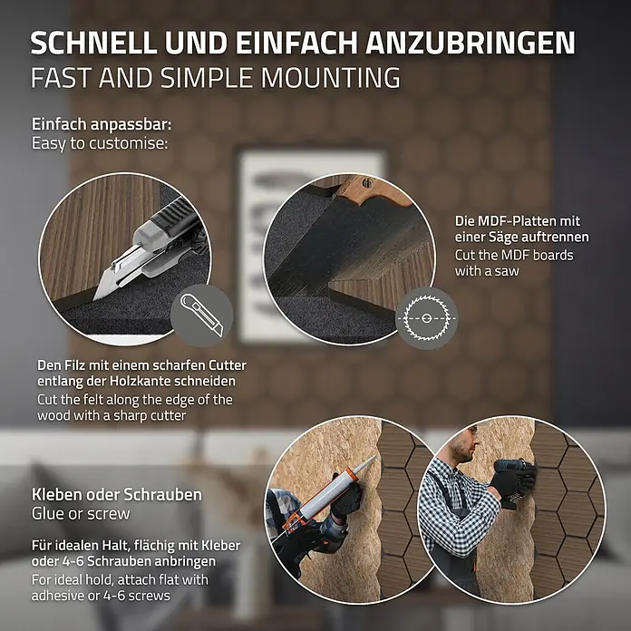 Akustikpaneel Hexagon 2er Set 66x81x2cm für 1m² Braun MDF Holzoptik -  - Installationsanleitung für MDF-Akustikplatten, zeigt Anpassung, Zuschnitt und Befestigung mit Kleber oder Schrauben.