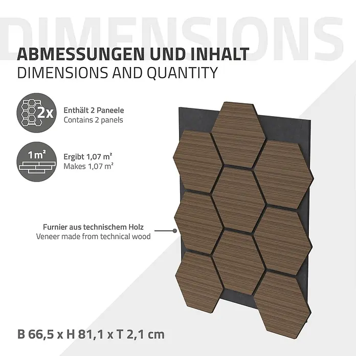Akustikpaneel Hexagon 2er Set 66x81x2cm für 1m² Braun MDF Holzoptik -  - Sechseckige Wandpaneele mit Holzfurnier. Zwei Paneele decken 1,07 m² ab und messen 66,5 x 81,1 x 2,1 cm.
