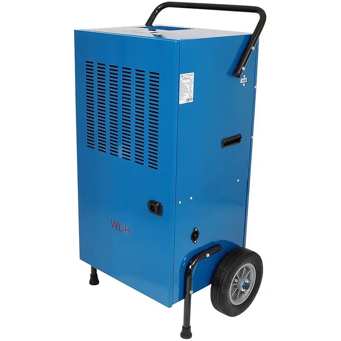 WDH Elektro-Luftentfeuchter Bautrockner WDH-1200HT - für 240m² - 120 L/Tag - mit Betriebsstundenzähler - 1.840 W, Entfeuchtungsleistung: 120 l/Tag, Blau - Blauer Industrie-Luftentfeuchter mit Lüftungsschlitzen, Griff, Seitengriffen und Rädern für Mobilität.