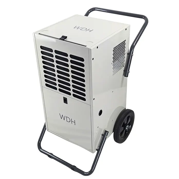 WDH Elektro-Luftentfeuchter Bautrockner WDH-80B - für 180m² - 95 Liter/Tag - ideal für den Dauerbetrieb - Entfeuchtungsleistung: 95 l/Tag, Grau - Hellbeiger, mobiler Industrieller Luftentfeuchter mit Rollen und Griff, ausgestattet mit Lüftungsgittern.
