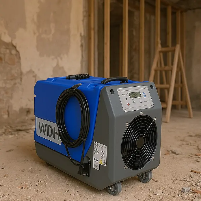 WDH Elektro-Luftentfeuchter Bautrockner WDH-R180B - für 140m² - 70 L/Tag - mit integrierter Pumpe - 850 W, Entfeuchtungsleistung: 70 l/Tag, Blau - Blauer und grauer Industrie-Luftentfeuchter auf Rädern mit Bedienfeld und Netzkabel auf einer Baustelle.