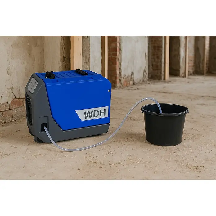 WDH Elektro-Luftentfeuchter Bautrockner WDH-R180B - für 140m² - 70 L/Tag - mit integrierter Pumpe - 850 W, Entfeuchtungsleistung: 70 l/Tag, Blau - Blauer und grauer WDH Entfeuchter auf Baustelle, leitet Wasser über Schlauch in schwarzen Eimer ab.