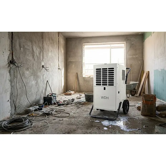 WDH Elektro-Luftentfeuchter Bautrockner WDH-80B - für 180m² - 95 Liter/Tag - ideal für den Dauerbetrieb - Entfeuchtungsleistung: 95 l/Tag, Grau - Weißer WDH Industrie-Luftentfeuchter auf Rollen in einem Rohbau mit Kabeln und Werkzeugen.