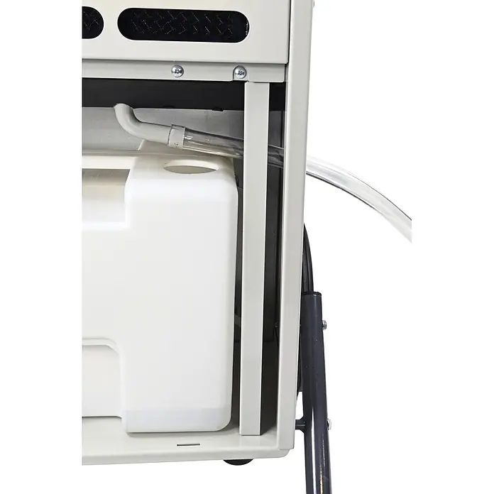 WDH Elektro-Luftentfeuchter Bautrockner WDH-80B - für 180m² - 95 Liter/Tag - ideal für den Dauerbetrieb - Entfeuchtungsleistung: 95 l/Tag, Grau - Weißer Wassersammelbehälter mit angeschlossenem transparentem Abflussschlauch in einem Gerätegehäuse.