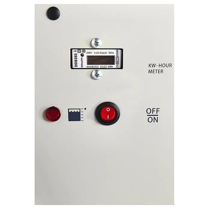 WDH Elektro-Luftentfeuchter Bautrockner WDH-80B - für 180m² - 95 Liter/Tag - ideal für den Dauerbetrieb - Entfeuchtungsleistung: 95 l/Tag, Grau - Bedienfeld mit kWh-Zähler (2025 kWh), roter Anzeigeleuchte, Wasserstandssymbol und rotem Ein/Aus-Schalter.