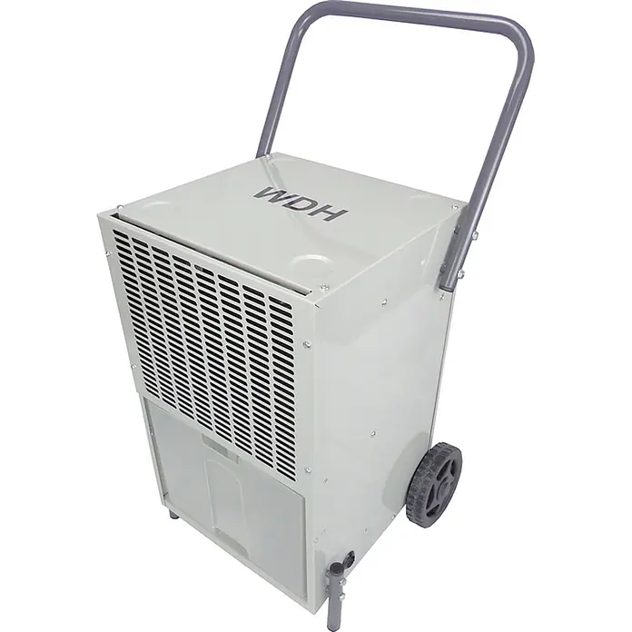 Bautrockner WDH-35B - für 65m² - 42 Liter/Tag - mit Schlauchanschluss -  - Grauer, industrieller Luftentfeuchter mit WDH-Logo, robustem Metallgehäuse, integriertem Griff und Rädern für Transport.