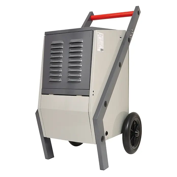 WDH Elektro-Luftentfeuchter Bautrockner WDH-500AH - für 170m² - 50 L/Tag - mit Stromverbrauchszähler - Entfeuchtungsleistung: 50 l/Tag, Grau - Tragbarer grauer Luftentfeuchter mit dunkelgrauen Akzenten, schwarzen Rädern und rotem Griff.